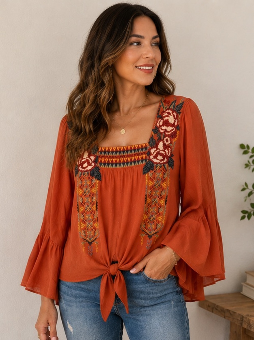 entro Rust Floral Embroidered Tie-Front Blouse